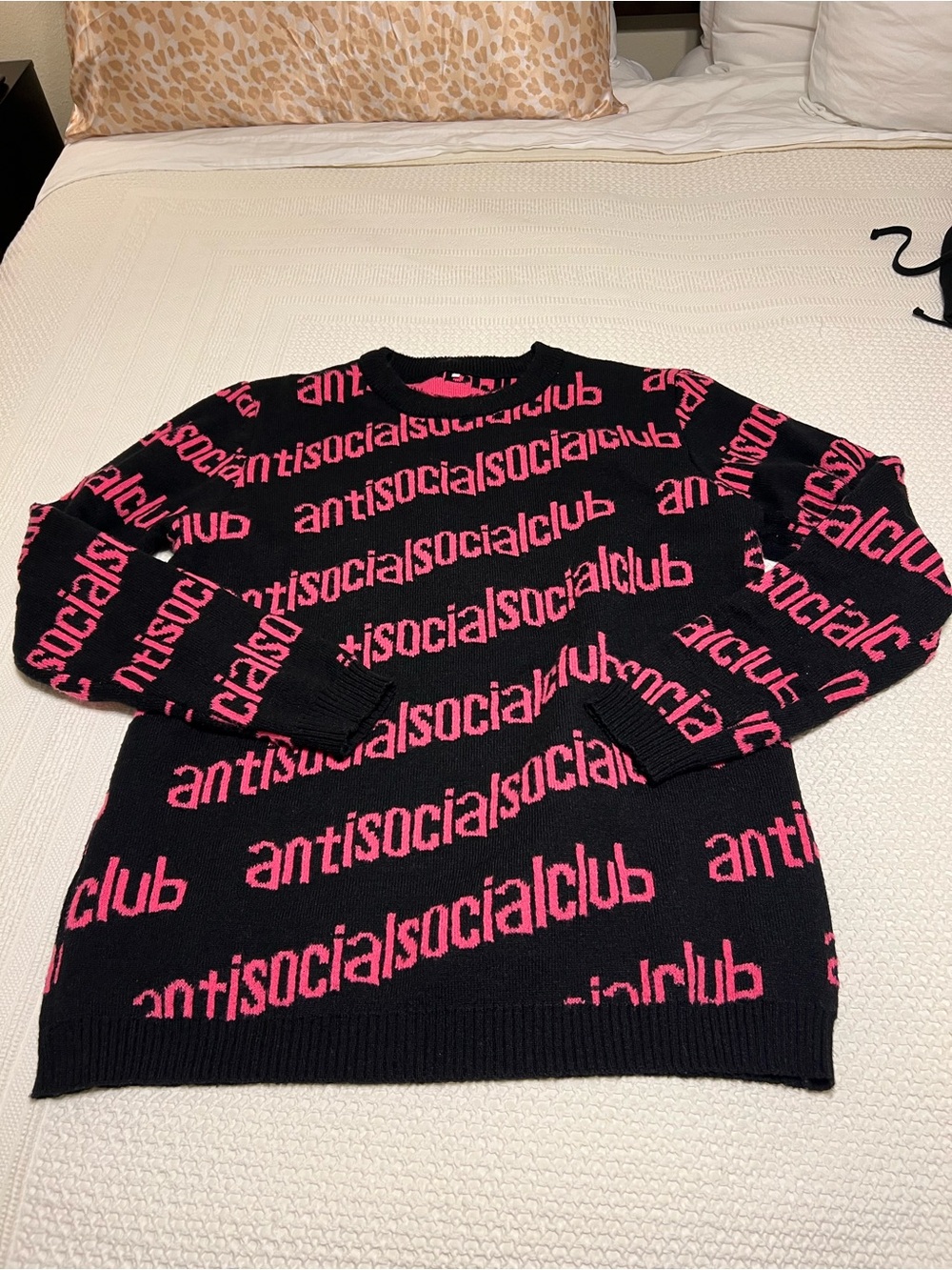 Anti Social Social Club Black Crewneck with Pink All‑Over Logo